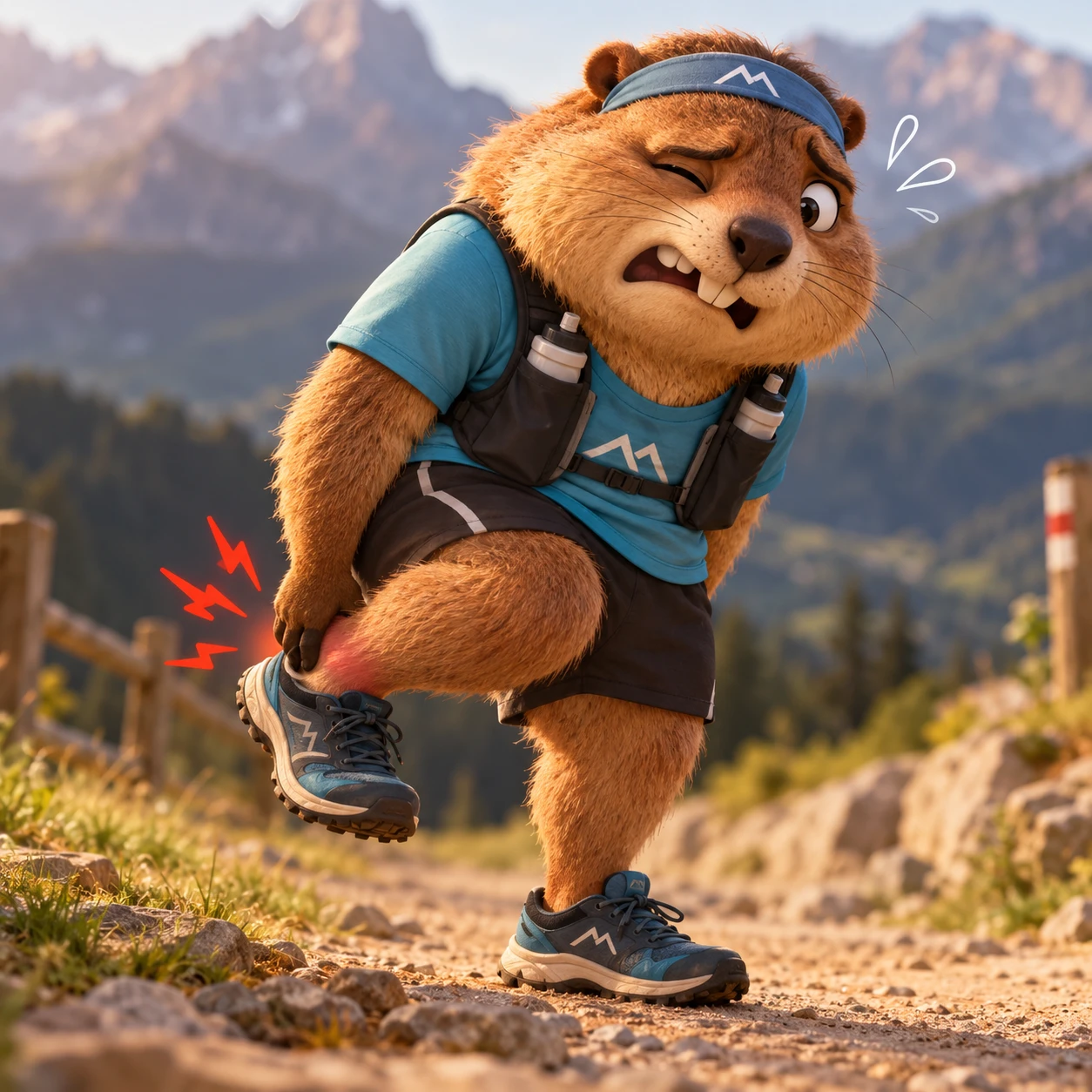 Illustrazione: una marmotta runner si tiene il polpaccio dolorante su un sentiero di montagna