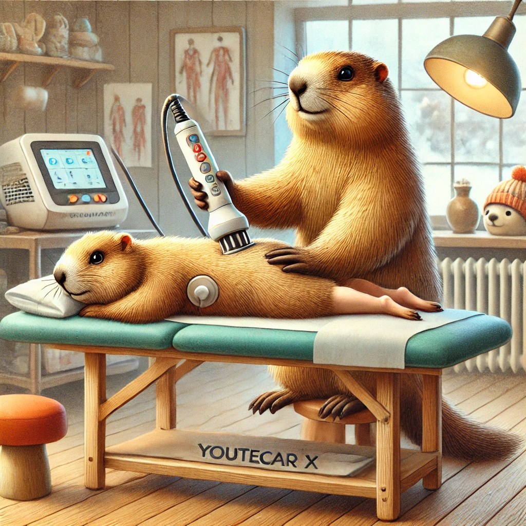 Illustrazione: una marmotta fa la tecarterapia a un’altra marmotta